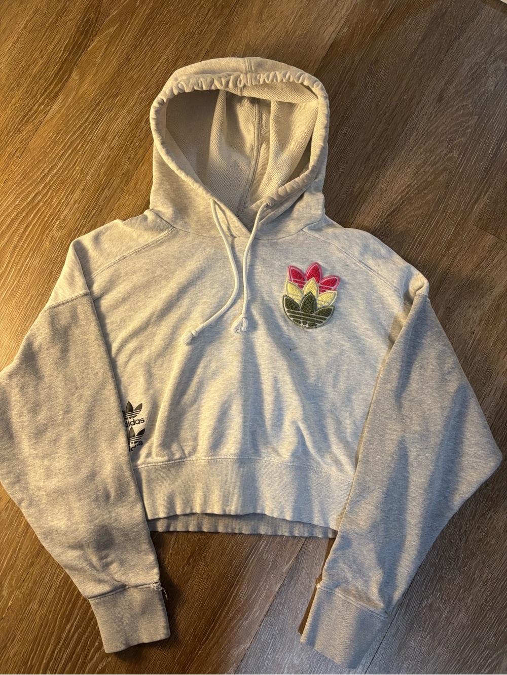 Adidas Women's Grey Cropped Hoodie with Embroidered Trefoil